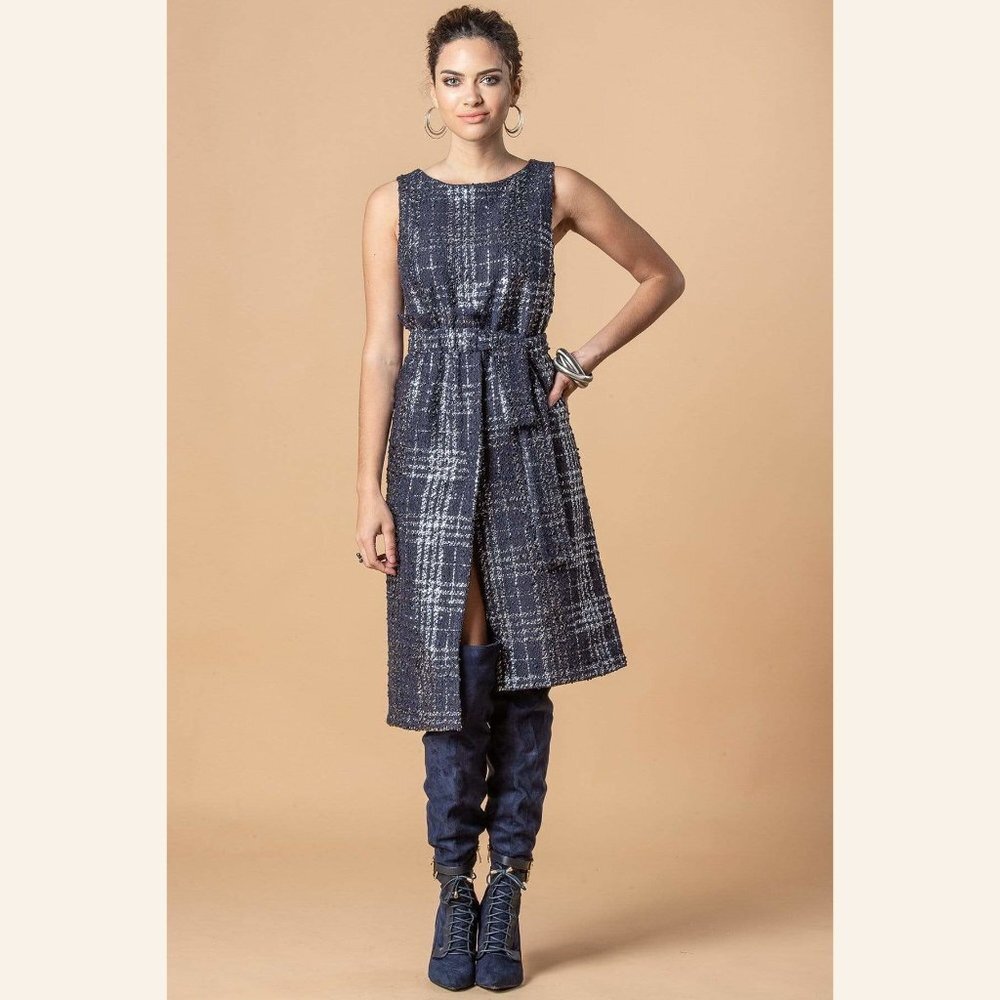 Eva Franco Abigail Navy and Silver Tweed Wrap Mini Dress - Midnight Paris